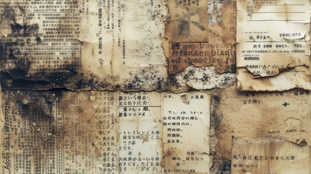 Generative AI, vintage grunge Japanese letters collage background. Different textures and shapes	
