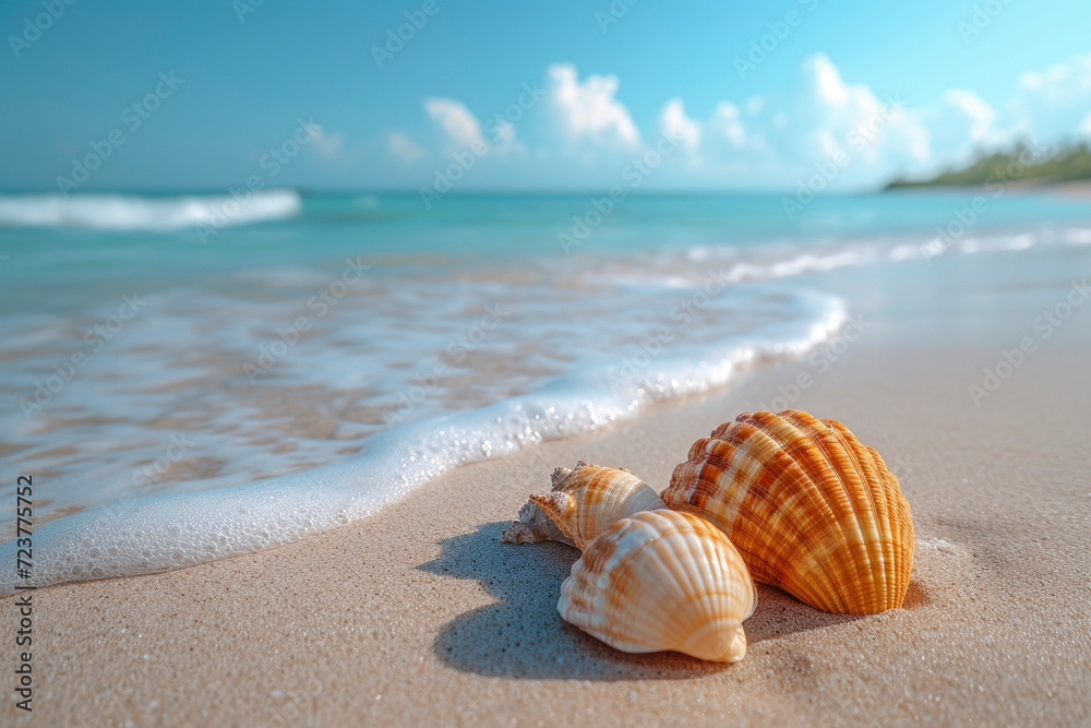 Tropical beach with various shells in sand. Concept of summer relaxation. Tropical beach with various shells in sand. Concept of summer relaxation.