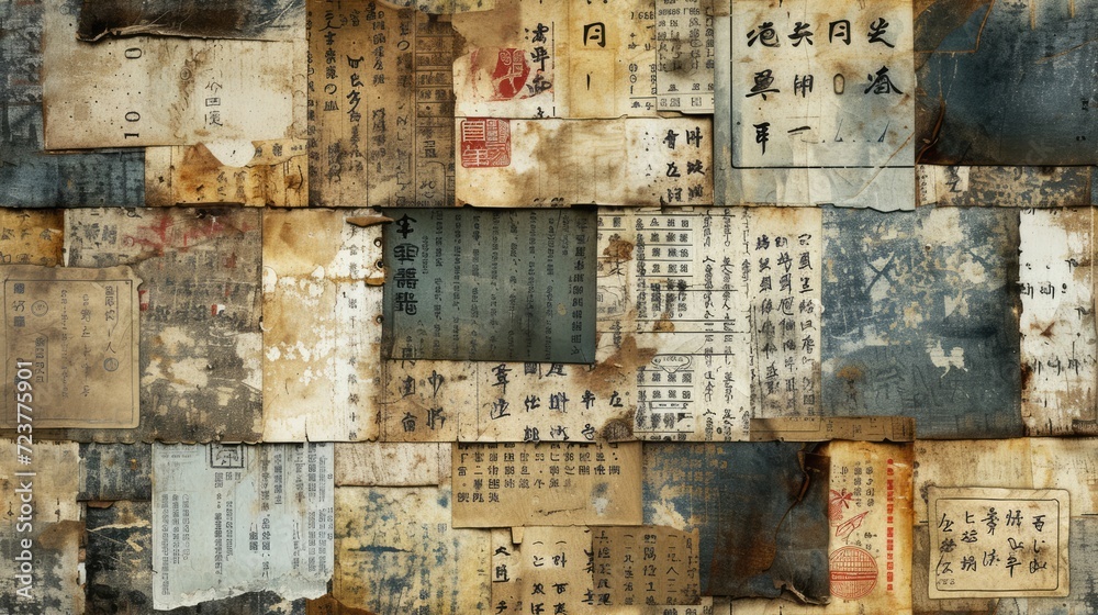 Naklejka premium Generative AI, vintage grunge Japanese letters collage background. Different textures and shapes 
