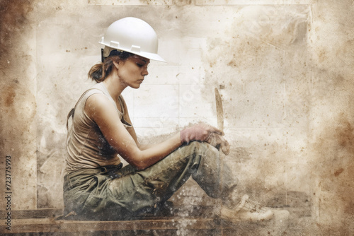 Female worker in safety helmet sitting