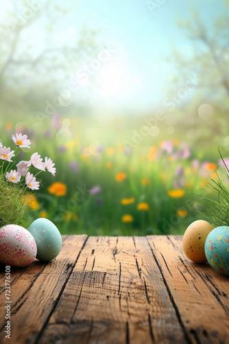 A collection of painted easter eggs celebrating a Happy Easter in long grass with a wooden bench to display products on with a bright spring sunny day