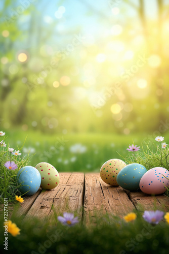 A collection of painted easter eggs celebrating a Happy Easter in long grass with a wooden bench to display products on with a bright spring sunny day