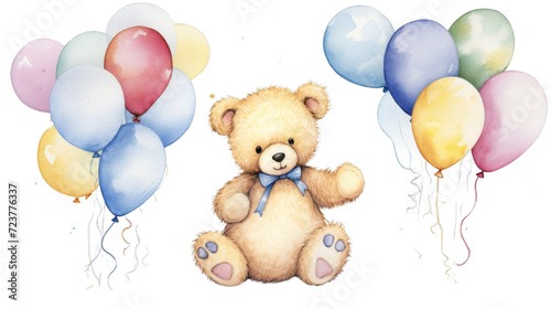Watercolor teddy bear surrounded by colorful balloons on a transparent background.