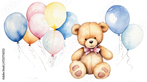 Watercolor teddy bear surrounded by colorful balloons on a transparent background.