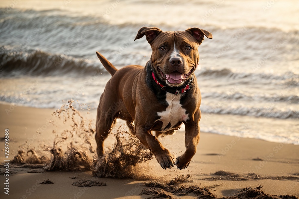 Fast and powerful female American Pit Bull Terrier running on the beach Fast and powerful female American Pit Bull Terrier running on the beach