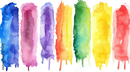 Colorful vertical watercolor brush strokes on a white background.