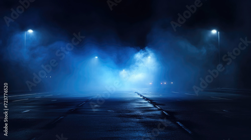 Fog and blue energy mixed with street lights at the end of the road, UFO design. Generative ai