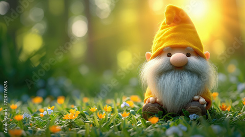 Cute of gnome in spring forest and green natural background photo