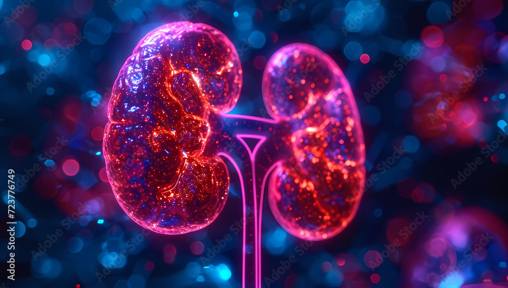 A vibrant magenta kidney shines brightly against a serene blue backdrop, evoking a sense of energy and vitality through its striking colorfulness and illuminating light A vibrant magenta kidney shines brightly against a serene blue backdrop, evoking a sense of energy and vitality through its striking colorfulness and illuminating light