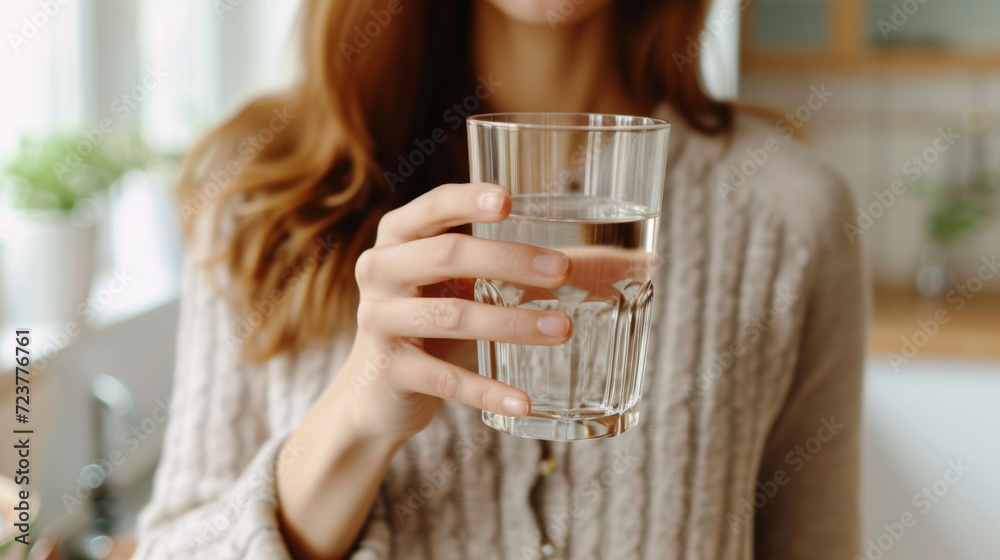 Woman Holding Glass of Water in a Cozy Home, Close-up of a woman's hands holding a clear glass of water, promoting hydration and health in a comfortable home environment.