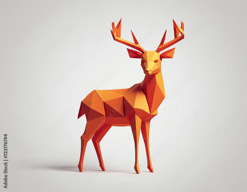 Obraz premium Origami reindeer design on white background. Detailed figurine of horned animal, paper art folding.