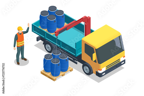 Isometric transportation and unloading of barrels concept. Loading and unloading from warehouse. Warehouse Management, logistic process. Delivery truck