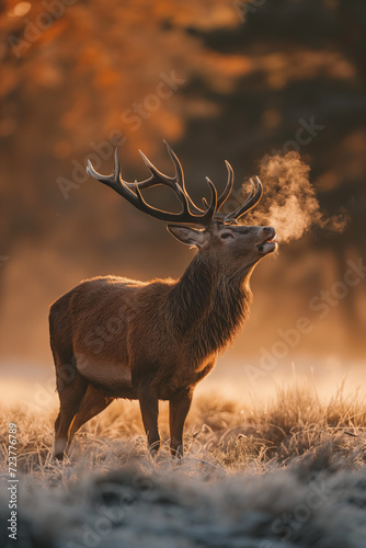 cerf en train de bramer dans la foret au petit matin