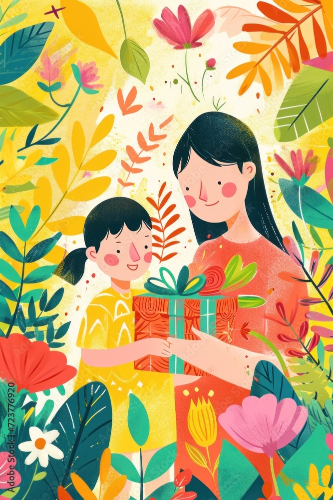 Vibrant illustration of a mother and child embracing on Mother's Day. Vibrant illustration of a mother and child embracing on Mother's Day.