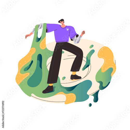 Gluttony concept. Over eating disorder. Character obsession of overeating nutrition. Guy stuck in unhealthy food on plate. Psychological problems. Flat isolated vector illustration on white background