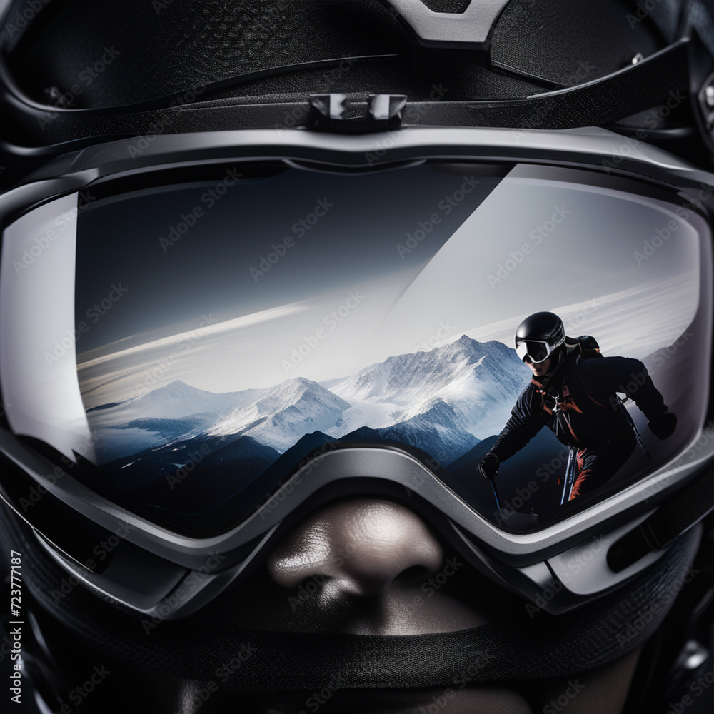 Mountain landscape reflected in skier's goggles and skier