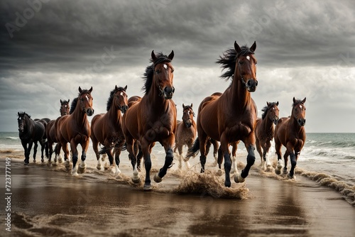 a herd of white  red  and black horses sprinting on the stormy beach