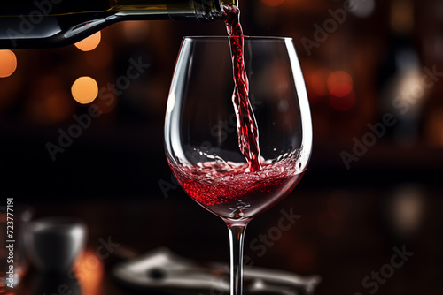 Close-up of red wine being poured into glass, ideal for festivities.