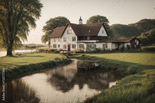 A farmhouse by the river and Holstein cows