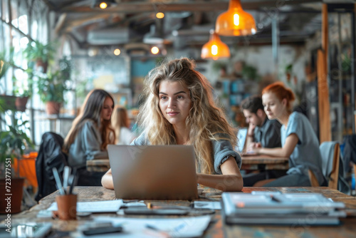Young happy professional business woman employee sitting at desk working on laptop in modern corporate office interior. Smiling female worker using computer technology typing browsing web.