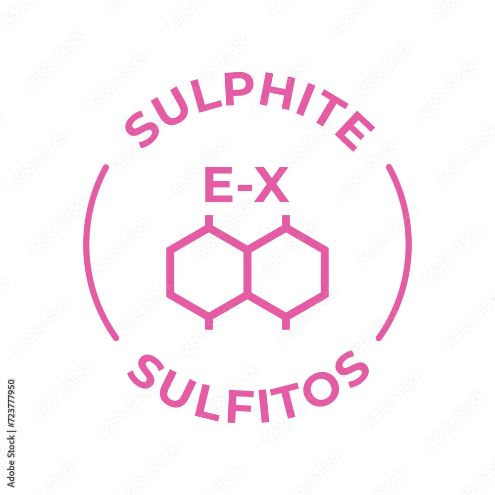Simple Isolated Vector Logo Badge Ingredient Warning Label. Colorful Allergens icons. Food Intolerance Sulphite. Written in Spanish and English Simple Isolated Vector Logo Badge Ingredient Warning Label. Colorful Allergens icons. Food Intolerance Sulphite. Written in Spanish and English