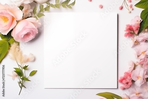 Top view of a blank card surrounded by soft pink flowers, ideal for wedding or greeting designs.