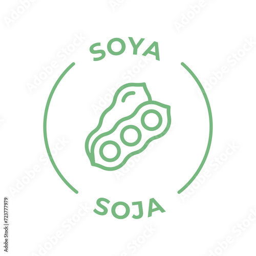 Simple Isolated Vector Logo Badge Ingredient Warning Label. Colorful Allergens icons. Food Intolerance Soya. Written in Spanish and English
