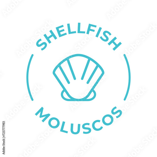 Simple Isolated Vector Logo Badge Ingredient Warning Label. Colorful Allergens icons. Food Intolerance Shellfish. Written in Spanish and English