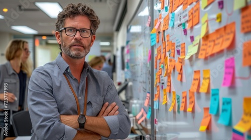 Male coach, passionately guiding a team through a spirited dialogue. The whiteboard illustrate the collaborative brainstorming. Exchange of ideas, innovation and strategize a marketing plan.