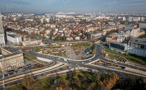 Cracow aerial view of Grzegorzki and Mogilskie roundabout. Transport junction, city traffic in a polish big city. Cracow, 09.11.2022 r.