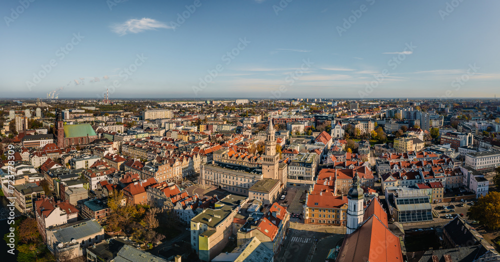 Opole, panoramic aerial view of Old Town and Market Square with town hall. Panorama of centre city. Upper Silesia, Poland, Europe.
