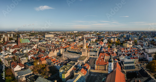 Opole, panoramic aerial view of Old Town and Market Square with town hall. Panorama of centre city. Upper Silesia, Poland, Europe.