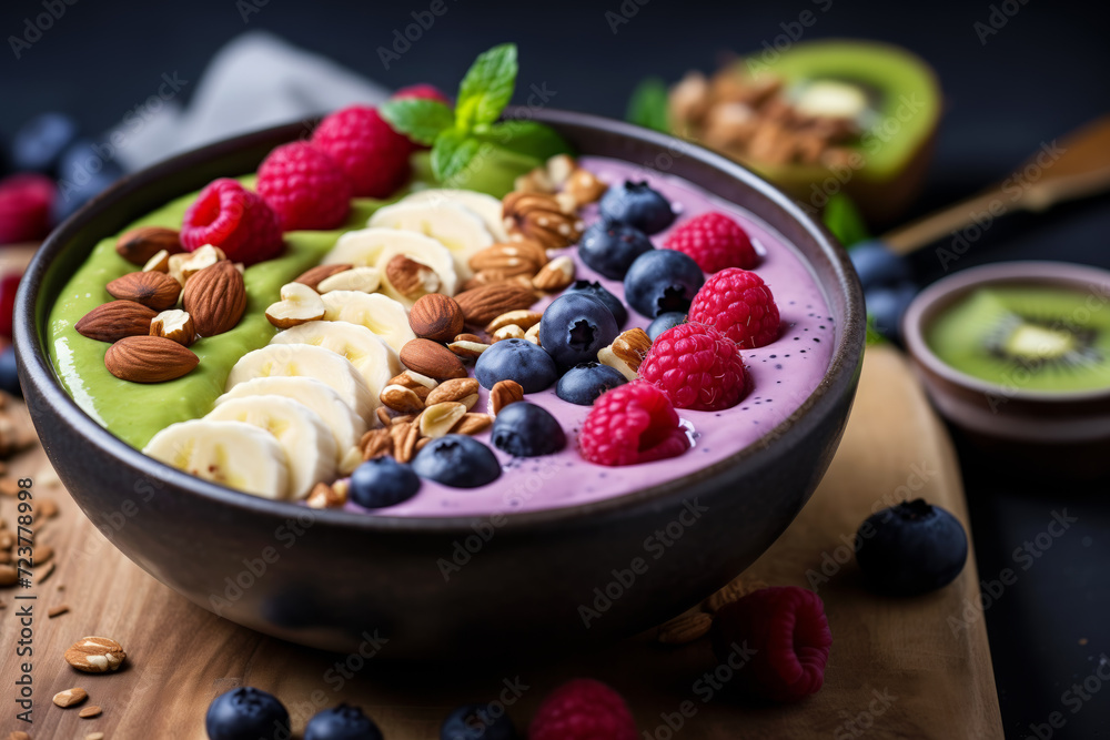 Preparing vegan smoothie in bowl with fresh raw berries closeup. Blueberries strawberries and raspberries blend seamlessly with plant-based ingredients, close-up Preparing vegan smoothie in bowl with fresh raw berries closeup. Blueberries strawberries and raspberries blend seamlessly with plant-based ingredients, close-up