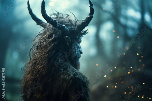Generative ai collage picture of legendary creature minotaur in haunted fantasy woods