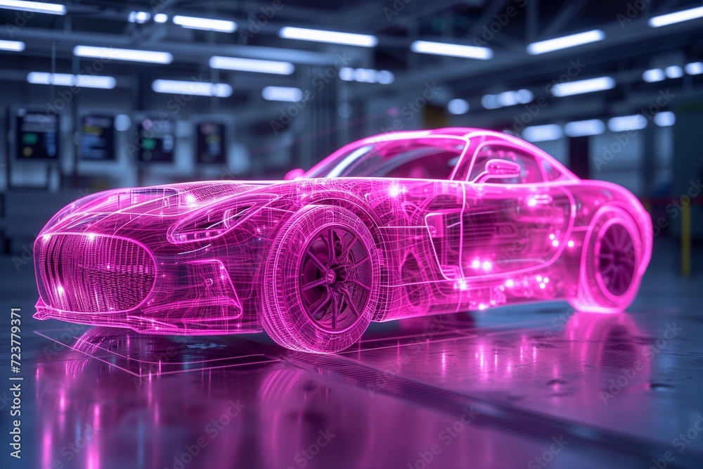Futuristic Pink Hologram of a Sports Car in a Factory