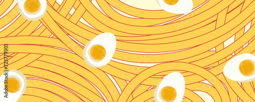 Noodle Ramen Pattern with egg background. Pasta food texture spaghetti geometric. Abstract ramen ornament. Flat vector illustration. Wave texture background