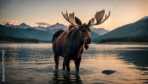 Moose standing in Montana mountain lake at dusk © LIFE LINE