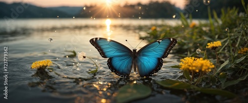 dandelions and butterfly morpho beside the lake, dawn over the lake with water droplets containing the seeds of dandelions © RIDA BATOOL