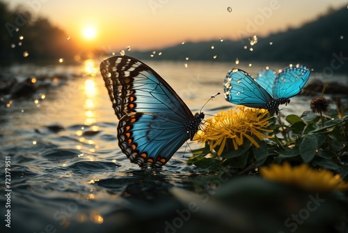 dandelion and morpho butterfly along the lake, Dandelionseeds in water droplets against the backdrop of the lake's dawn photo