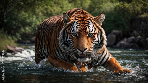  powerful Amur tiger, its paws sinking into the cool river water as it stalks its prey with intense focus