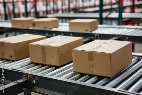 A dynamic scene of cardboard boxes and packages on a conveyor belt in a warehouse, poised for shipment, capturing the essence of efficient logistics and order fulfillment © Lars