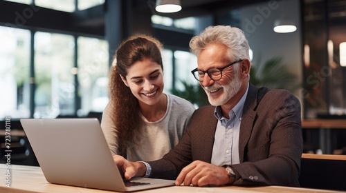 Two professionals working together on a laptop in a modern office setting.