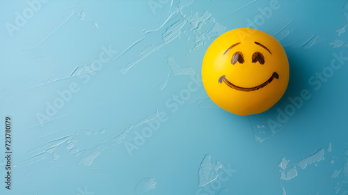 Blue sunday concept.Yellow smiling emoji face on a light blue background, copy space, generative ai