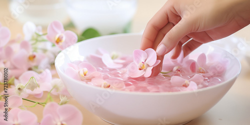 Close up shot of woman's hand in beauty and manicure salon. Female nail art design with pink orchid flowers in pastel tones. photo