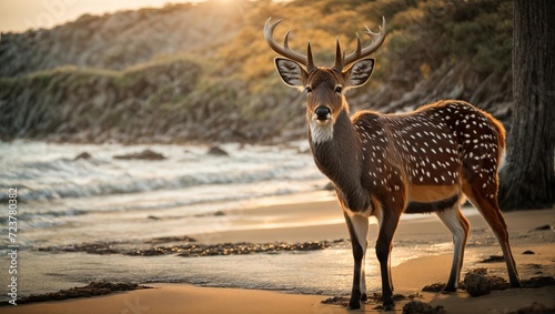sika deer standing on beach photo