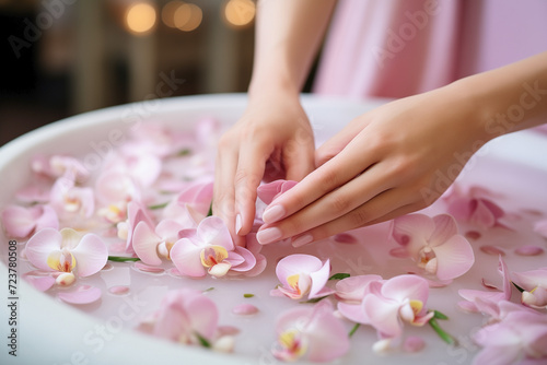 Close up shot of woman's hand in beauty and manicure salon. Female nail art design with pink orchid flowers in pastel tones.