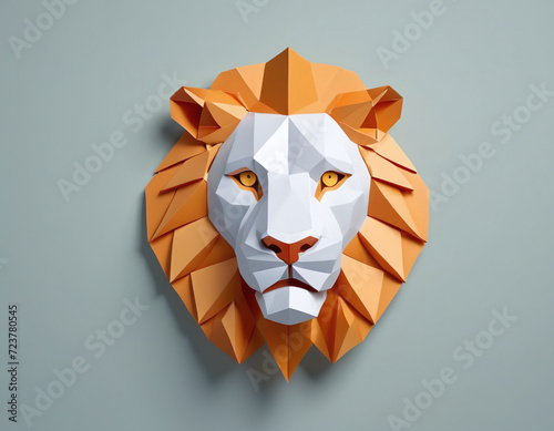 paper craft, paper art, origami lions head, wild animal king of jungle lion head isolated in bright clean background photo