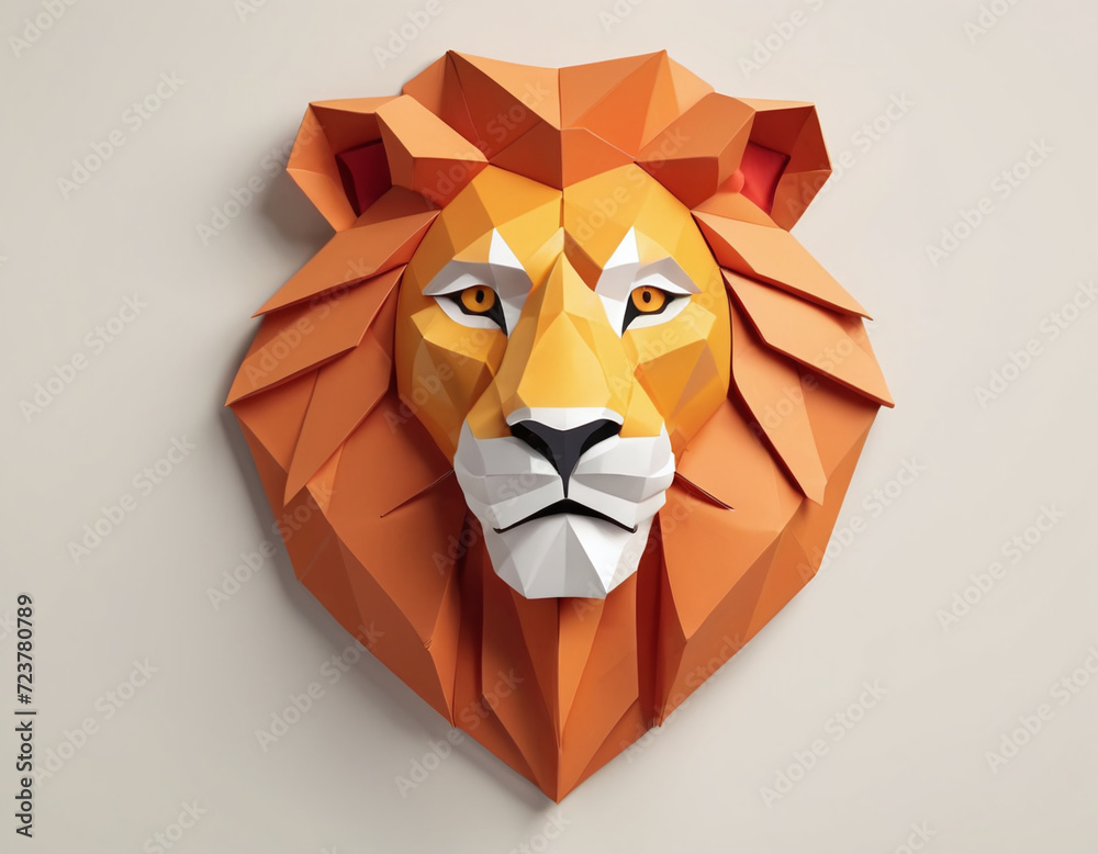 Φωτογραφία paper craft, paper art, origami lions head, wild animal king of jungle lion head
