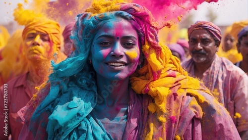 Indian Girl Playing Holi , Covered Face with colors 