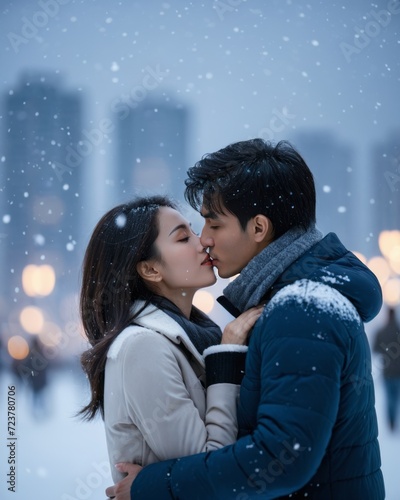 A man and a woman in winter clothes kissing, on a snowy city street.